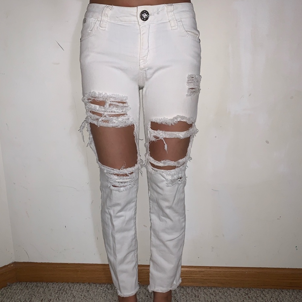 Guess Premium White Ripped Distressed Jeans Size 23 Nicole Cigarette Denim